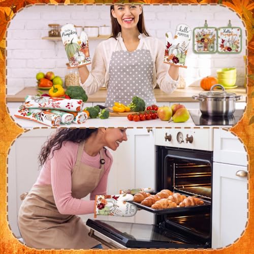 10 Pcs Fall Pumpkin Kitchen Decor Set Kitchen Towels Pot Holders Oven Mitts and Rugs Set Thanksgiving Towels for Baking Cooking BBQ Autumn Home (Light Color / Little Fresh)