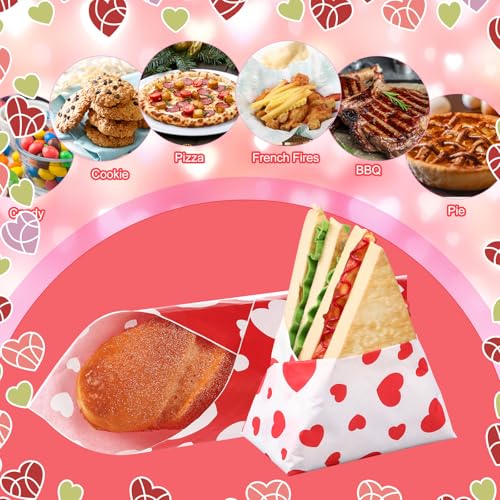 100 Pcs Valentine's Day Wax Paper Sheets for Food Wrapping (Red, White / Valentine's Stylish)
