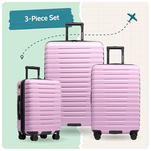 Boren Expandable Hardside Rugged Travel Luggage with 8 Spinner Wheels (3-Piece Set, USB Port in Carry-On / Lavender)