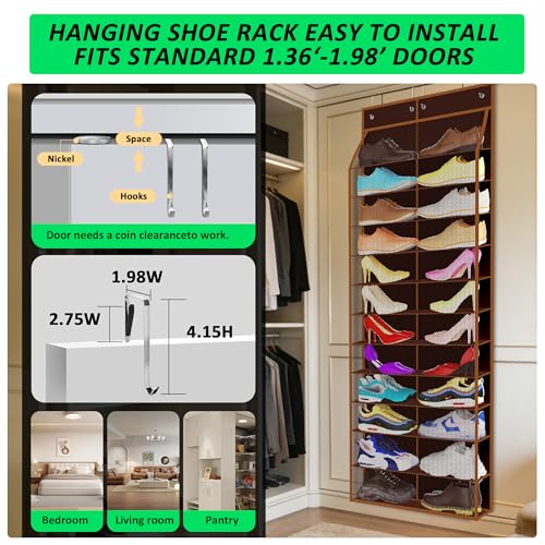 24 Pair Over Door Shoe Organizer for Family & Kids (12-Tier / 24 Walnut Brown)