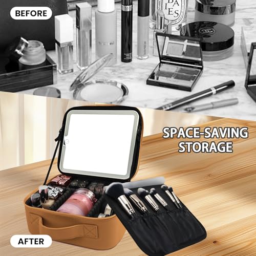 Makeup Bag with Mirror (Light Brown / Makeup bag with LED lights)