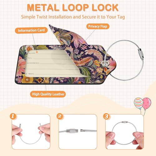 Colorful Boho Floral 3 PCS PU Leather Luggage Tags for Suitcase (Colorful Boho Floral)