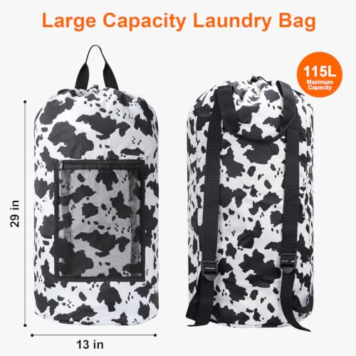 Laundry Backpack Portable Travel Laundry Bags with Straps and Mesh Pocket (Cow Print / 2 Pack)