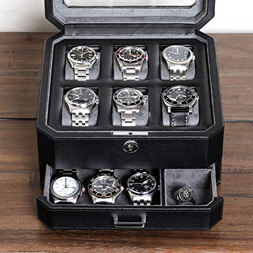 Gift Set 6 Slot Leather Watch Box and 2 Watch Travel Case (6 Slot - Black/Grey Gift Set)