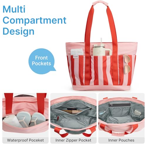 Beach Bag Waterproof Beach Tote Pool Bags for Women (Red Stripes / 35L)