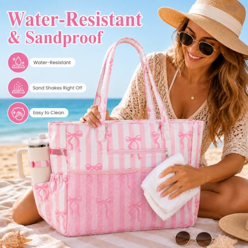 Large Beach Bag for Women (Pink White)