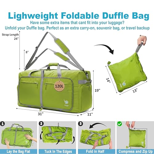 Travel Duffle Bag for Women & Men. Extra Large Foldable Duffel Bags (120L / Green)