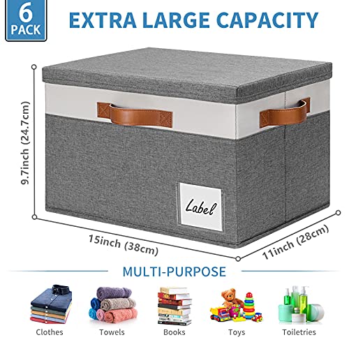 6 Pack Fabric Storage Bins with Lid (Large-6 Pack / Grey with White)