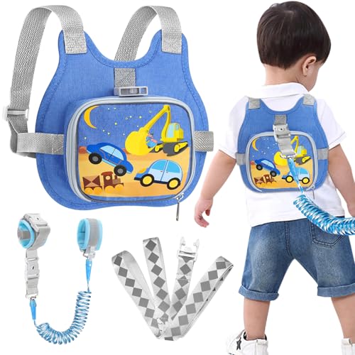 Toddler Harness Leash + Reflective Anti Lost Wrist Link (Blue/Car & Excavator)
