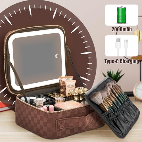 Makeup Travel Train Case with Mirror LED Light 3 Adjustable Brightness Large Cosmetic Bag Portable Storage Adjustable Partition Waterproof Makeup Brushes Make up Jewelry Gift for Women (Plaid Brown)