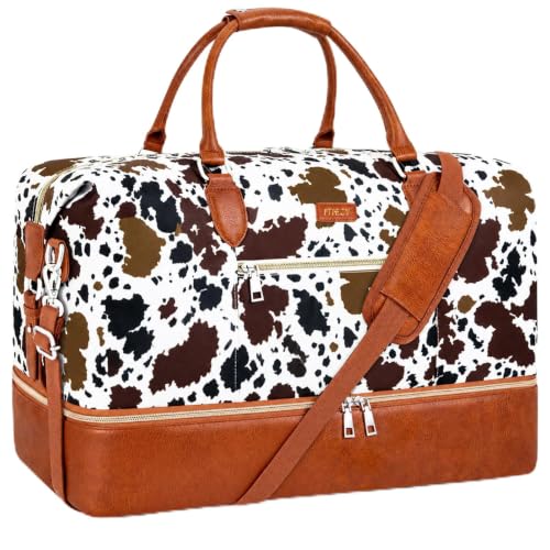 Weekender Bag for Women 21.5" Travel Duffel Large Carry On Bag 3PCS (Large / 5-Brown Cow-Single)