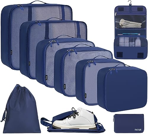 10 Set Packing Cubes Various Sizes Packing Organizer for Travel Accessories Luggage Carry On Suitcase (10-Navy / 10 Set-full Mesh)