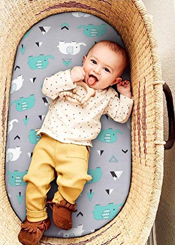 Stretch Fitted Bassinet Sheet Set BROLEX 2 Pack Cradle Sheets for Bassinet Pad (Elephant Whale / 32x16 Inch)