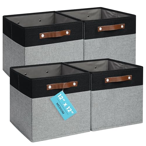 12x12 Cube Storage Bins (Gray Base / Black / (12x12) Leather Handles)