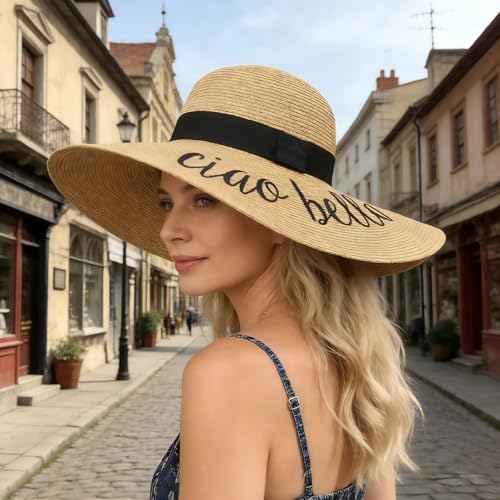 Big Straw Sun Hats for Women Floppy Foldable Roll up Beach Cap Sun Hat UPF 50+ Vacation Honeymoon Embroidered Hat (Ae Ciao Bella: Khaki)