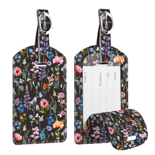 2 Pack Luggage Tags Leather Name ID Labels with Privacy Cover (Black Floral)