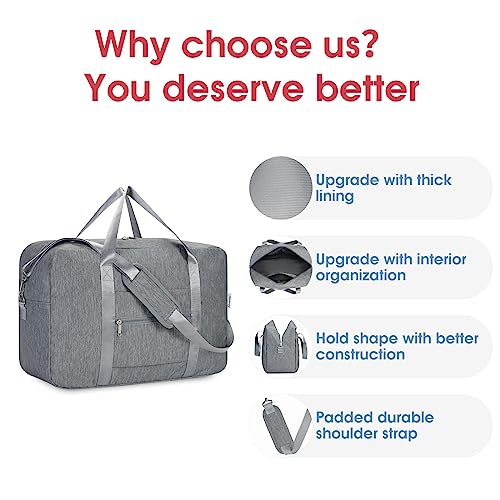 Carry on luaggage 22x14x9 Airlines Approved Foldable Carry on Bag Travel Duffel Packable Duffle Overnight for Women and Men 40L (Grey / 40L)