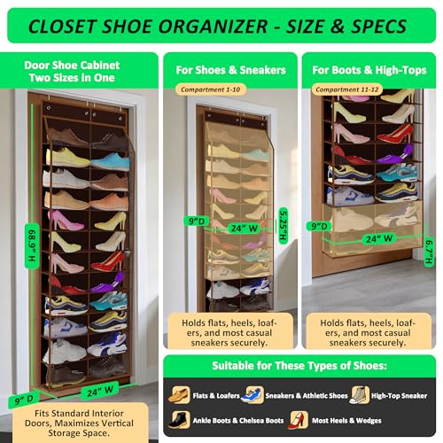24 Pair Over Door Shoe Organizer for Family & Kids (12-Tier / 24 Walnut Brown)