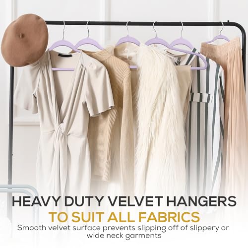 Premium Velvet Hangers 50 Pack Ultra Thin Non Slip Adult Felt Space Saving Suit Hanger for Closet Heavy Duty Coat Pants Jackets Dress Hangers 360° Swivel Hook Hold Upto 10 lbs Purple Hangers (Light Purple / 50 Pack)