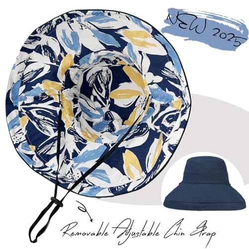 Womens Sun Hats Wide Brim Reversible Bucket Cotton Hat Packable Summer Travel Cap with Hat Clip (Medium / Navy Blue2)