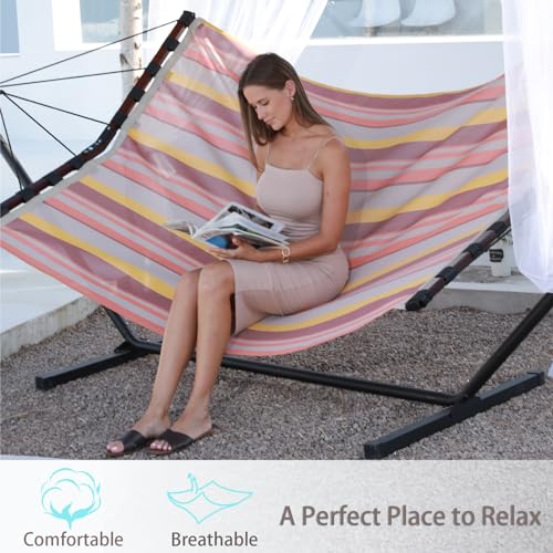 12FT 2 Person Hammock V Shaped Spreader Bar (Coral Red Stripes)