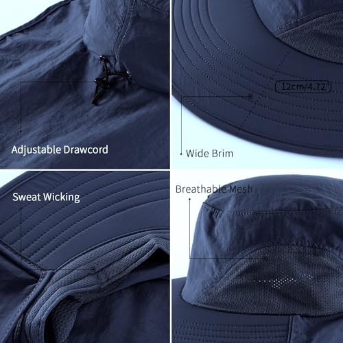 UPF50+ Mens Sun Hat Wide Brim Mesh Fishing Hat with Neck Flap UV Protection Hat for Gardening Golf Navy Blue (Large-X-Large / Navy Blue)