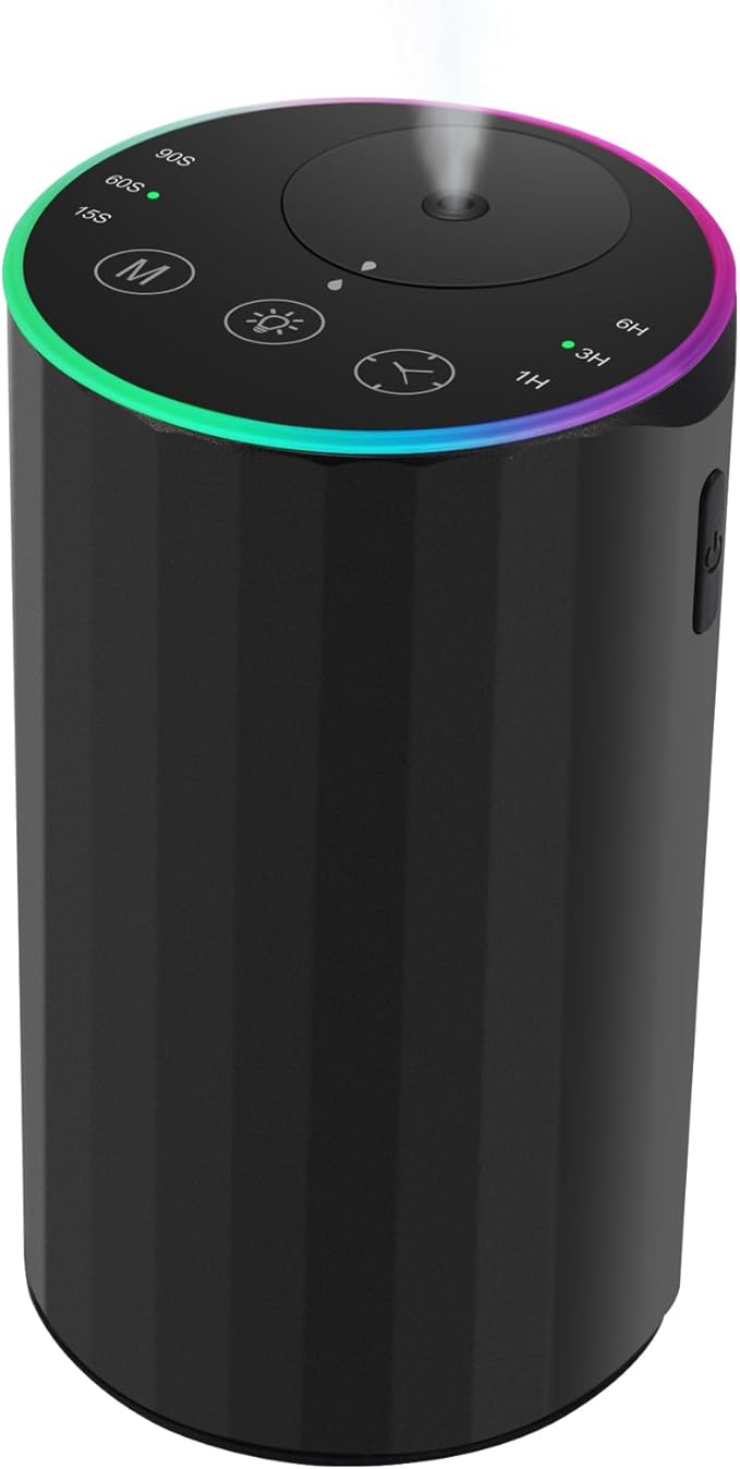 Waterless Essential Oil Diffuser, 7 Colors LED Light, Battery Powered Mini Scent Air Machine, Aromatherapy Mist Diffuser for Home Room Car Office，Black Aluminum Alloy