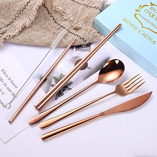 6 Pieces 18 8 Stainless Steel Flatware Set Portable Reusable Cutlery Set Travel Utensils Set Including Chopsticks Knife Fork Spoon Straws Cleaning Brush Dishwasher Safe (Rose Gold)