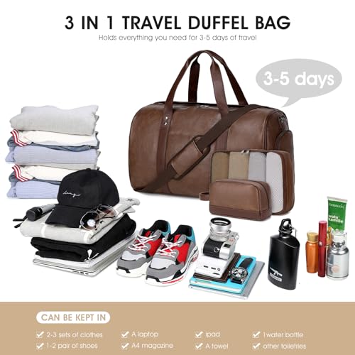 3PCS Faux Leather Weekender Bag for Women Men Travel Bag Overnight Bags (Coffee)