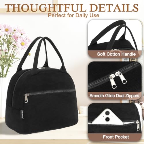 Lunch Bag for Women Insulated Lunch Box Corduroy Lunch Tote Cooler for Travel Work Picnic (Corduroy Black)