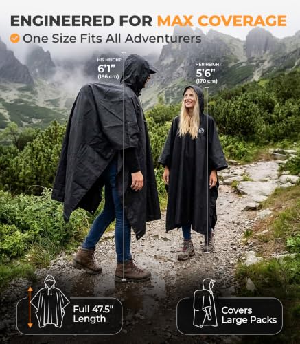 Extra Long Rain Poncho for Tall Adults (One Size / Black)