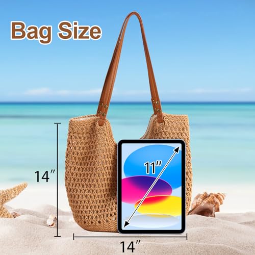 Crochet Beach Bag for Women Summer Purse Boho Small Tote (Khaki Bag)