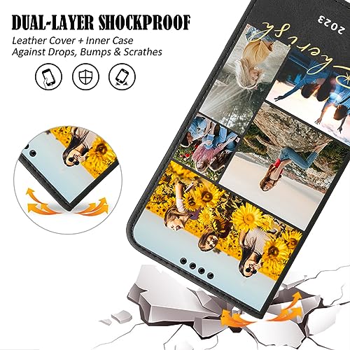 Personalized Flip Wallet Phone Case for Apple iPhone 17 16 15 14 Pro Max Plus 13 Mini 12 11 XR XS X 8 7 SE 2020 with Photo Picture Image Text Name (Black-G)