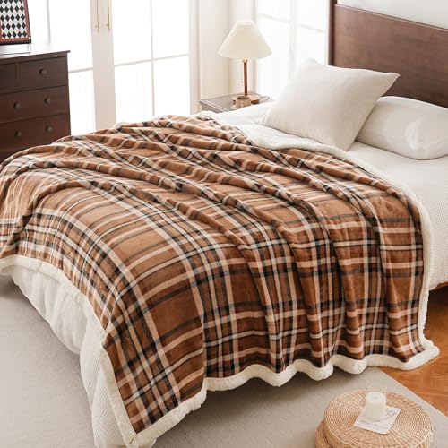 Sherpa Fleece Throw Blanket 80" x 90" Reversible Plush Fluffy Large Big Blanket Lattice Flannel Blankets for All Season Use (Mocha Brown / 80"*90")