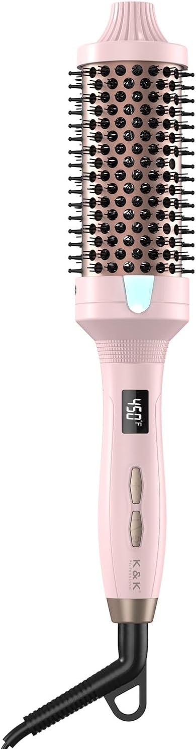 K&K Thermal Brush Heated Round Brush - Blowout Look Volumizer with 1.7 inch Heated Round for Hair Styler Tool Hair Straightener and Curler 2 in 1 Dual Voltage Temperture Contronal (Pink, 1.7 Inch)