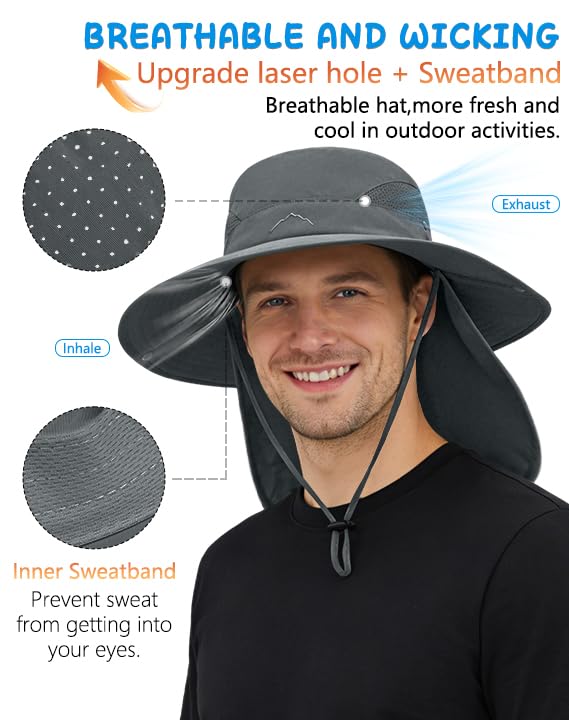 Sun Hat for Men Women Fishing Hat with Neck Flap Wide Brim Bucket Hat UV Protection for Beach Camping Hiking (Dark Grey-with Cooling Sleeves)