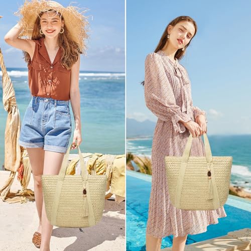 Straw Beach Bags for Women Summer Tote Bag Boho Shoulder Purse (D Beige)