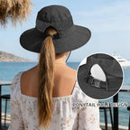 Ponytail Sun Bucket Hats for Women UV Protection Foldable Wide Brim (1 Pack-black)