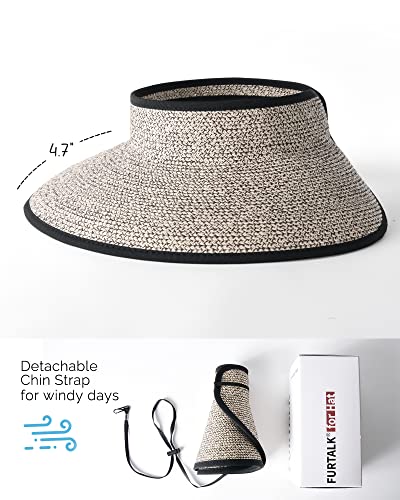 Womens Sun Hat with Ponytail Hole Wide Brim Beach Straw Visor (Medium / Mix Khaki With Black)