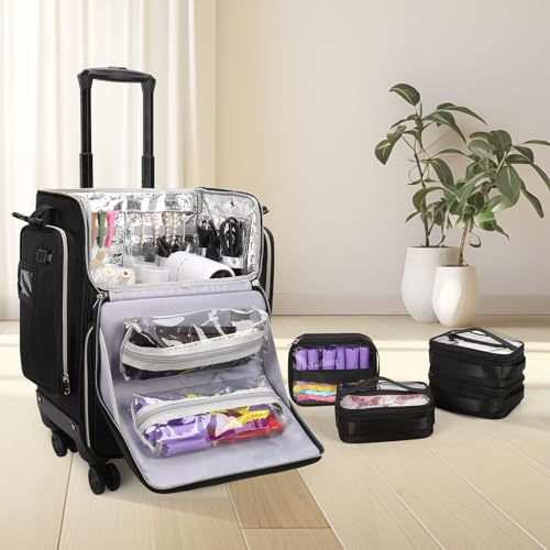 Hairstylist Traveling Case with 4 Clear Travel Makeup Bags Set (Black-with 4 Clear Bags / XL)