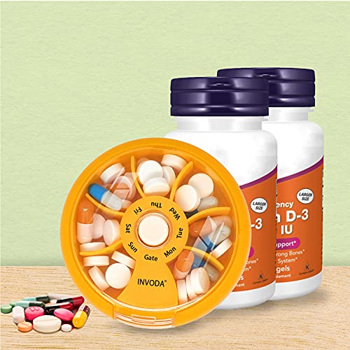 Weekly Pill Organizer 7 Compartment Rotating Pill Box for Daily (Orange+bag)