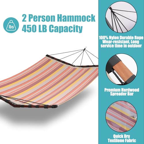 12FT 2 Person Hammock V Shaped Spreader Bar (Coral Red Stripes)