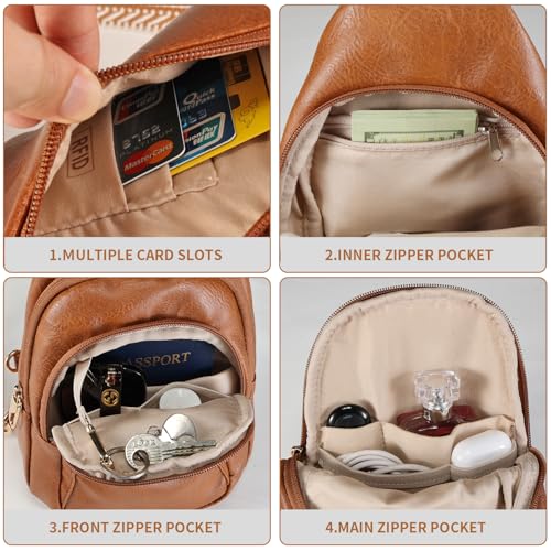 Crossbody Bags for Women Anti Theft Vegan Leather Sling Bag RFID Blocking Chest Bag for Travel (Brown-02)