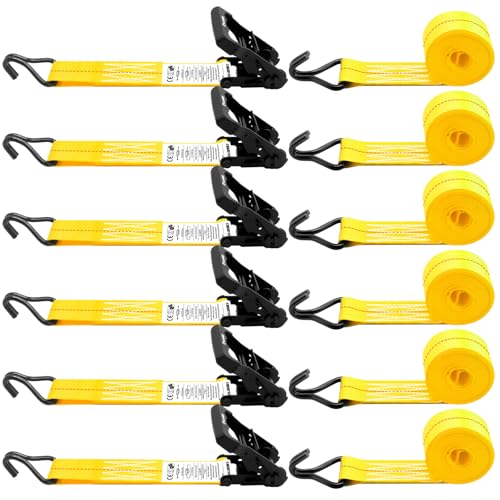 6 Pack 2 inch Ratchet Straps Heavy Duty J Hook 2 in x 15ft with Strong Ratcheting (Yellow)