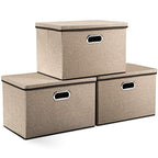 Large Collapsible Storage Bins with Lids [3 (Khaki / L(3-Pack))