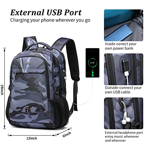 17 Inch Travel Laptop Backpack Water Resistant Hiking Backpack for Men Laptop Bag with USB Charging Port (Camouflage Grey / 17 Inch)