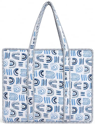 100% Cotton Quilted Tote Bag For Women (White Air Blue Print)