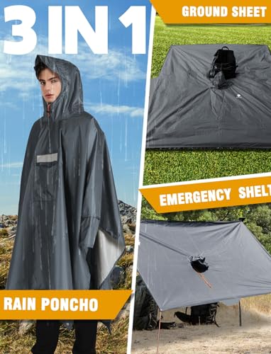 Hooded Rain Poncho for Adult Waterproof Lightweight Raincoat (Dark Grey)