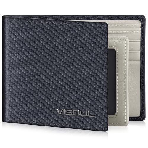 Mens Carbon Fiber Leather Bifold Wallet with 2 ID Windows (Black+Light Gray)