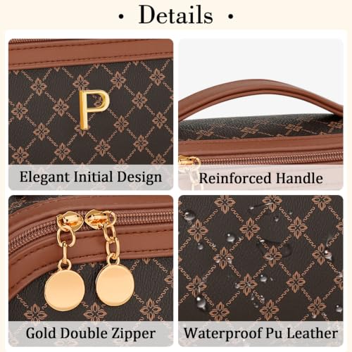 Initial Makeup Bag Personalized Gift for Women Teen Girls (Coffee / P)